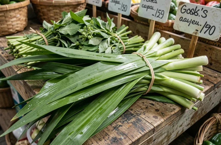 Feuilles de pandan fraîches en botte dans une épicerie asiatique traditionnelle