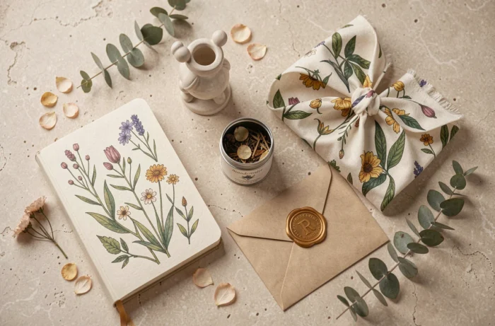 Flat lay de cadeaux originaux et créations artisanales disposés sur une surface en pierre, vue de dessus