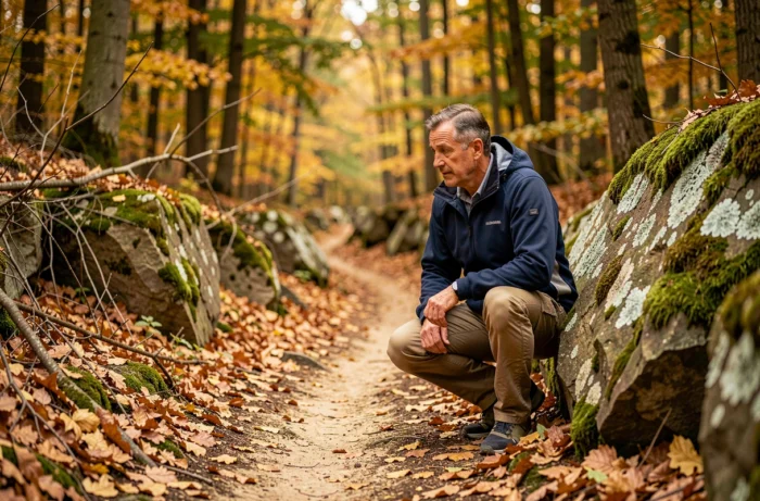 Homme explorant les rochers gréseux recouverts de mousse en forêt de Fontainebleau en automne