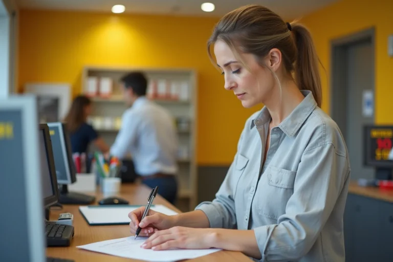 Une femme remplit un formulaire de transfert de courrier temporaire au guichet d'un bureau de La Poste en France