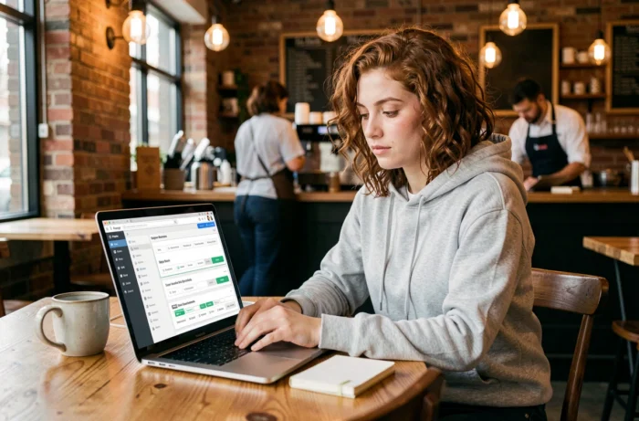 Jeune femme freelance utilisant des outils d'optimisation de présence en ligne et de SEO sur un ordinateur portable dans un café chaleureux
