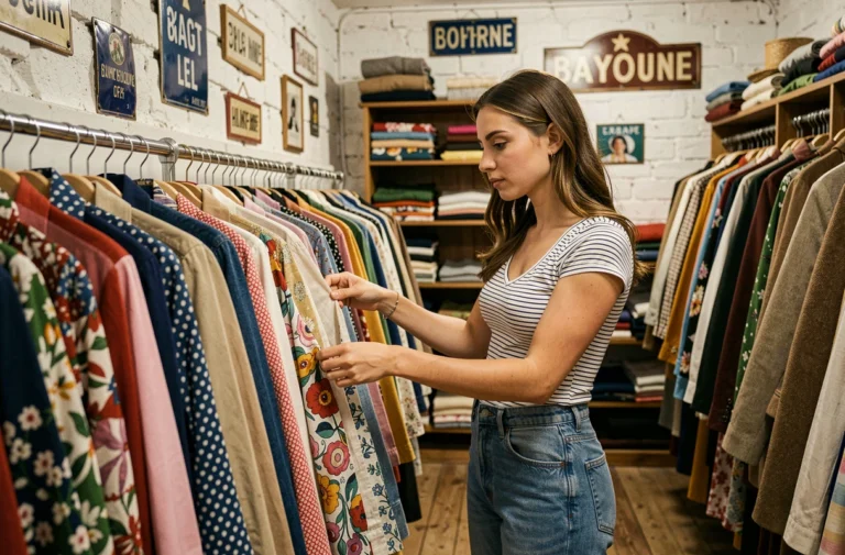 Jeune femme fouillant les portants d'une friperie vintage à Bayonne parmi des vêtements rétro colorés