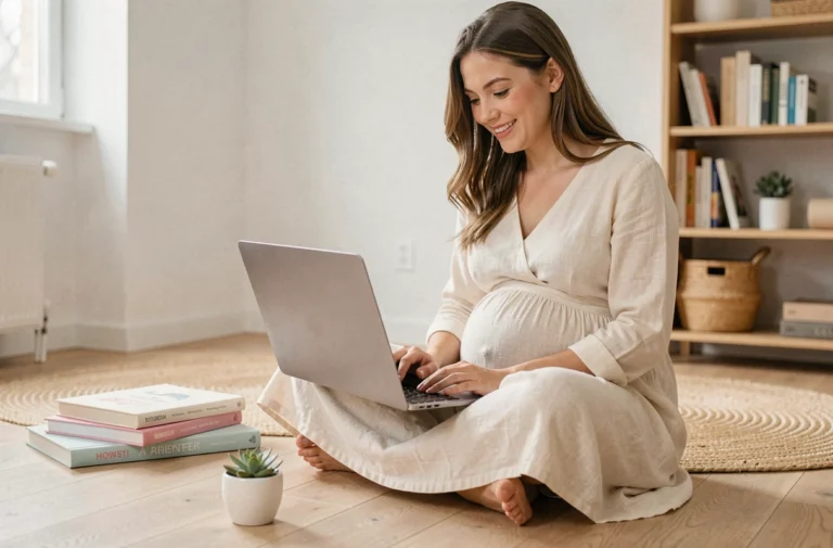 Future maman assise sur le sol en bois consultant un site de ressources pour parents sur son ordinateur portable dans un salon scandinave cosy