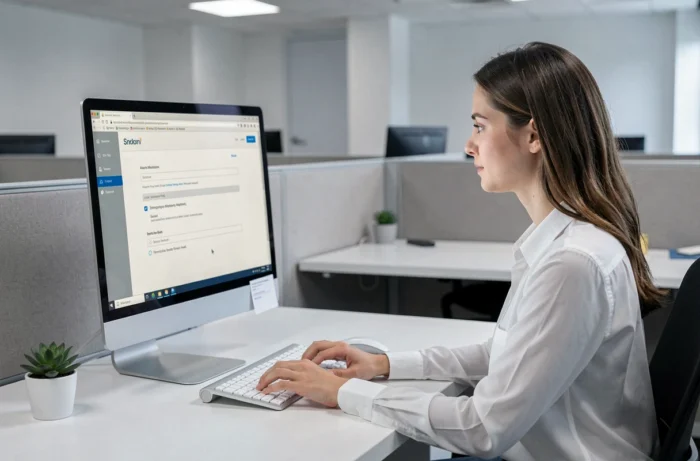 Jeune femme gérant les paramètres de son compte email Orange sur ordinateur de bureau dans un bureau moderne