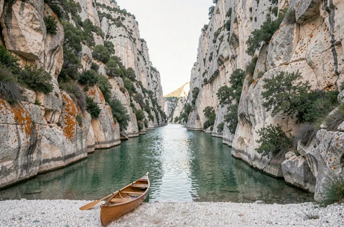 Gorges calcaires de l'Ardèche avec rivière émeraude et kayak sur plage de galets en France