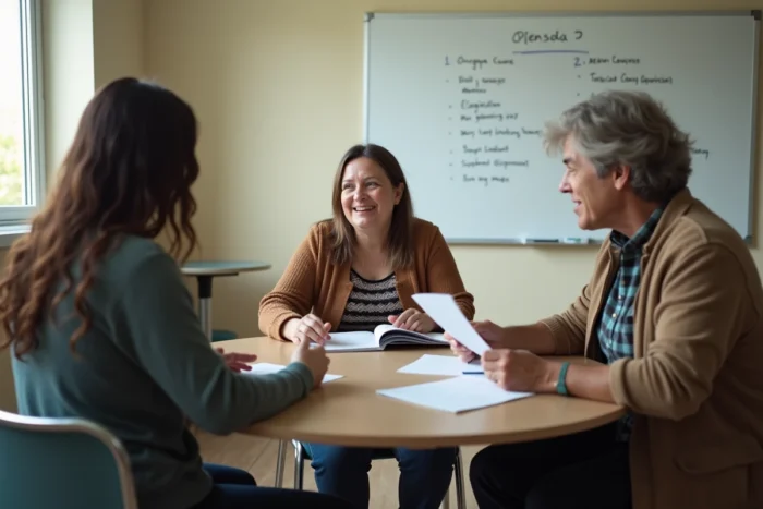 Groupe d'adultes en session de formation continue autour d'une table dans un centre d'apprentissage