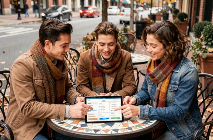 Groupe de jeunes professionnels comparant des classements sur une tablette en terrasse de café en automne