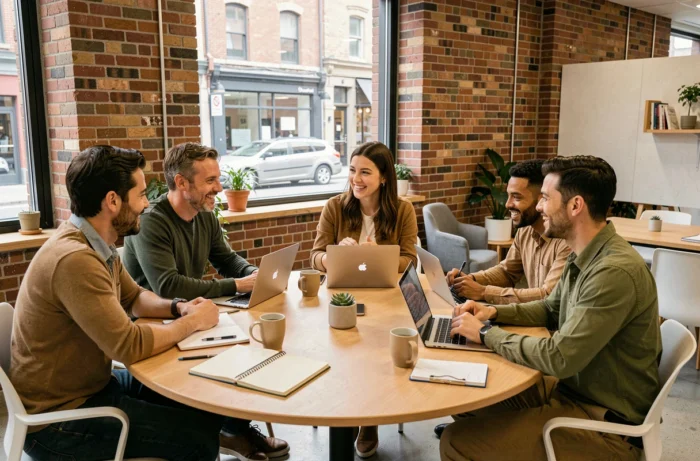 Groupe d'entrepreneurs en séance de coaching business autour d'une table dans un espace de coworking moderne