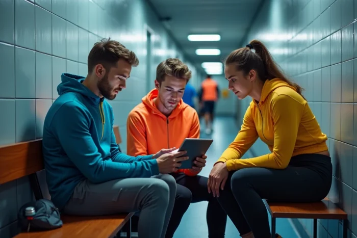 Groupe de sportifs analysant des données d'entraînement sur une tablette dans un complexe sportif, nouvelles tendances sport connecté 2024