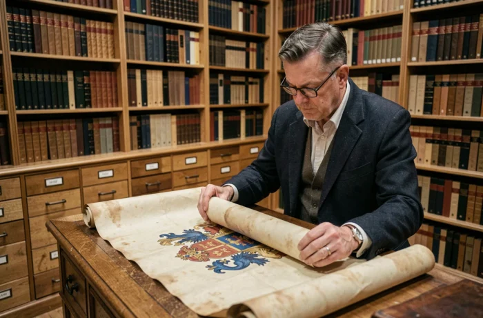 Historien d'une cinquantaine d'années examinant un document héraldique ancien représentant le blason royal de France avec des fleurs de lys dans une salle d'archives