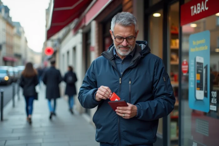 Homme achetant une recharge Réglo Mobile dans un bureau de tabac en ville