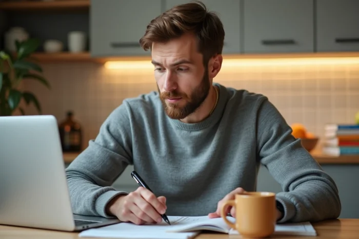 Homme adulte suivant une formation en ligne depuis chez lui avec un ordinateur portable et des notes