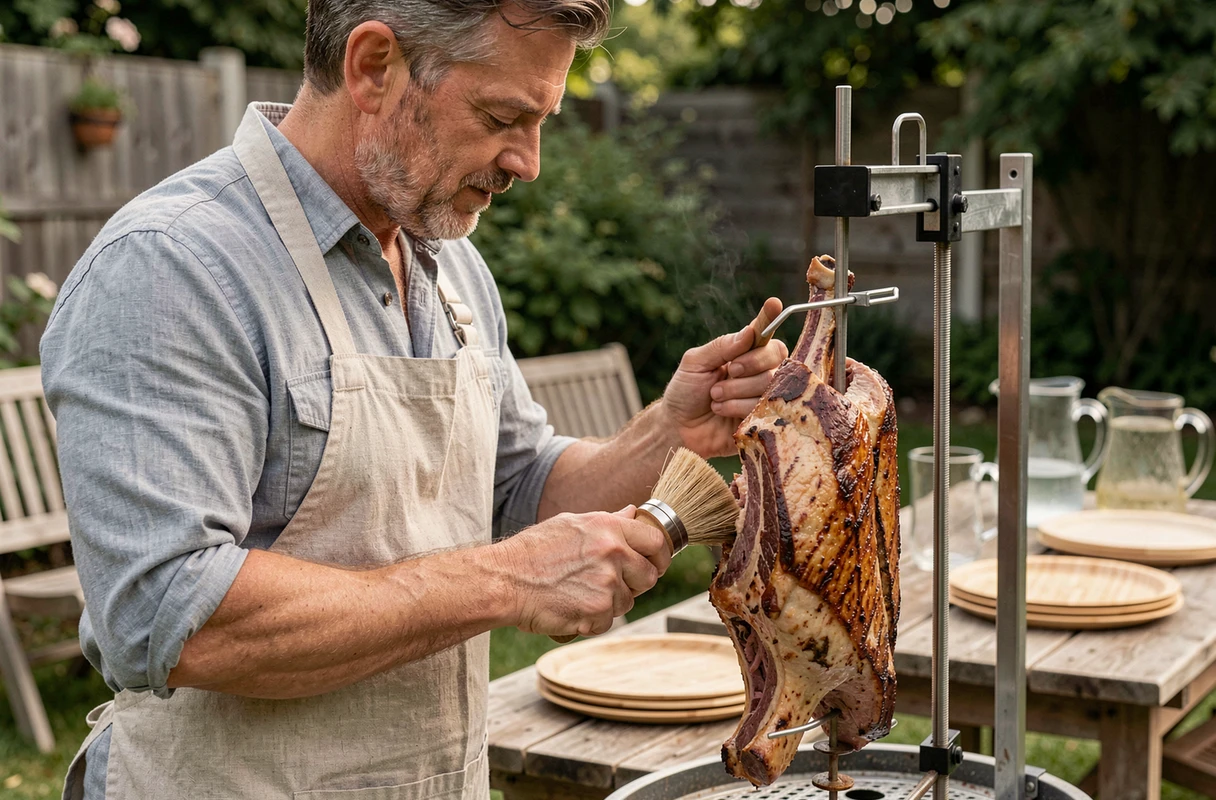 Homme arrosant un gigot d'agneau sur un tourne-broche solaire lors d'un barbecue écologique en jardin avec vaisselle réutilisable