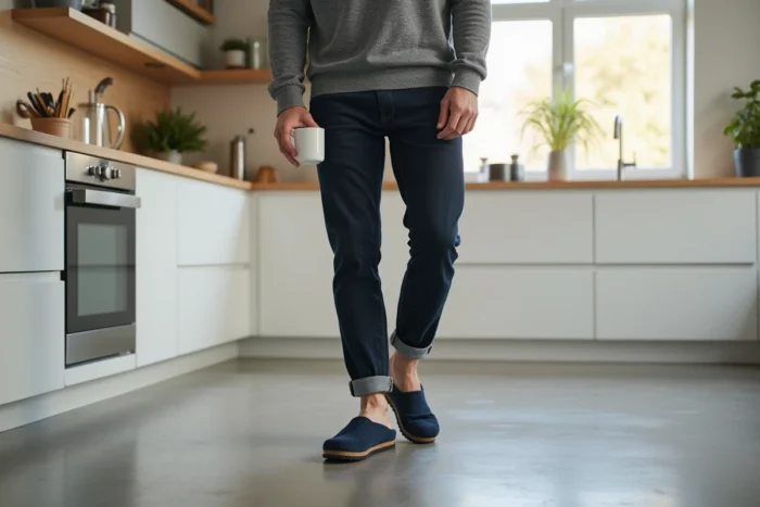 Homme portant des sabots Birkenstock Boston en nubuck marine dans une cuisine scandinave moderne, illustrant le confort au quotidien à la maison