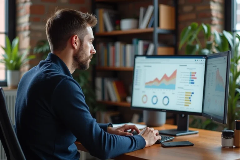 Homme analysant des données sur un écran dans un bureau moderne pour se lancer sur Tarbob en 2026