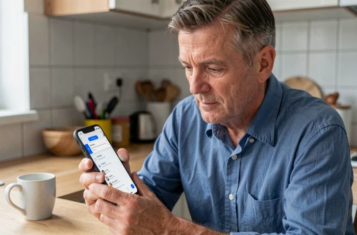 Homme âgé consultant son adresse email Orange sur smartphone dans une cuisine après résiliation
