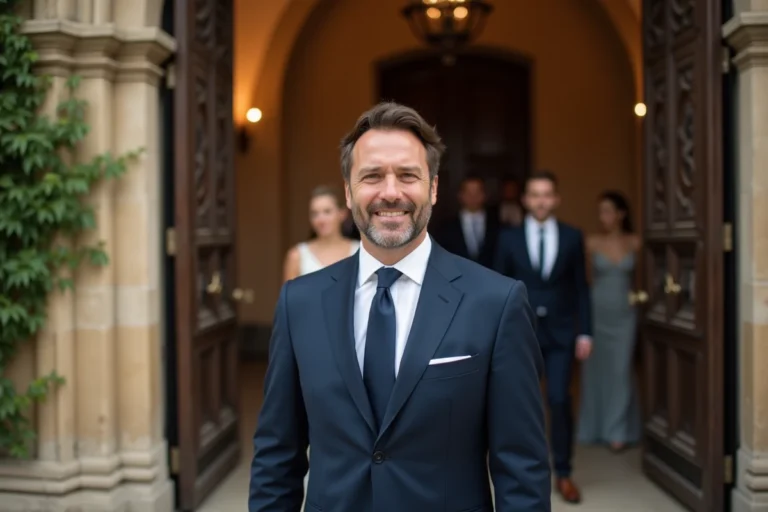 Portrait élégant d'un homme en costume bleu marine devant une église en pierre lors d'un mariage en France