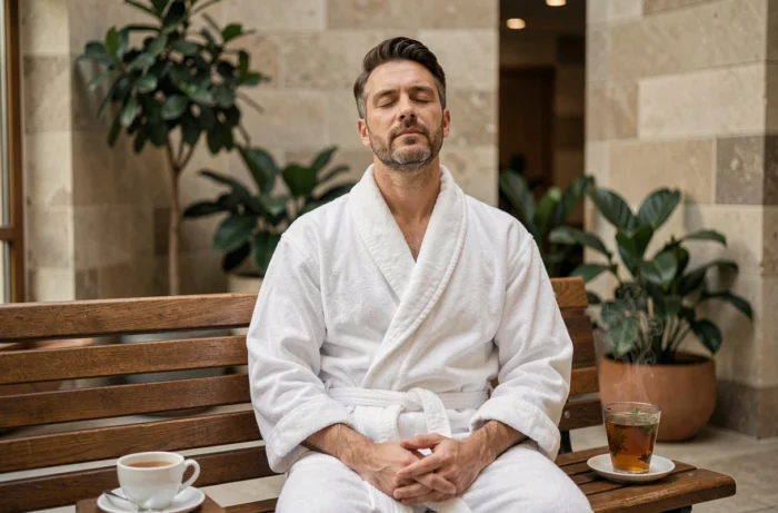 Homme détendu en robe blanche dans un espace bien-être parisien après une séance de massage thérapeutique