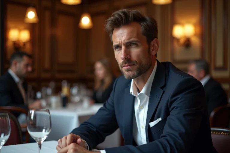 Homme élégant assis seul dans un restaurant parisien haut de gamme, regard discret et expression énigmatique évoquant une vie privée préservée