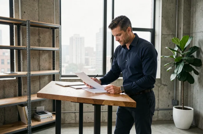 Homme indépendant travaillant seul dans un espace de coworking moderne, concentré sur ses documents professionnels