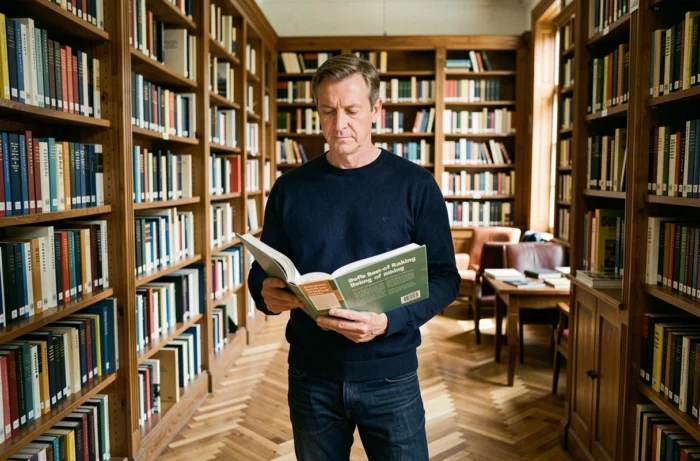 Homme lisant un guide de classements dans une grande bibliothèque publique aux étagères en bois