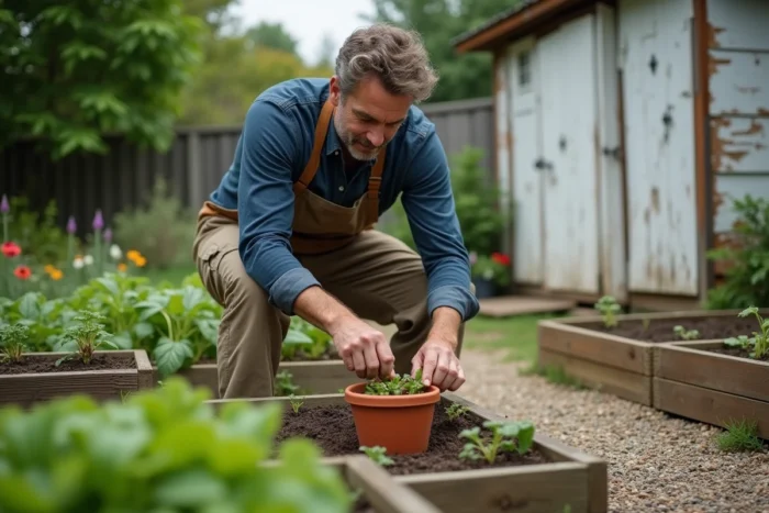 Homme d'âge mûr qui jardine dans un potager extérieur avec des bacs en bois surélevés et un cabanon rustique