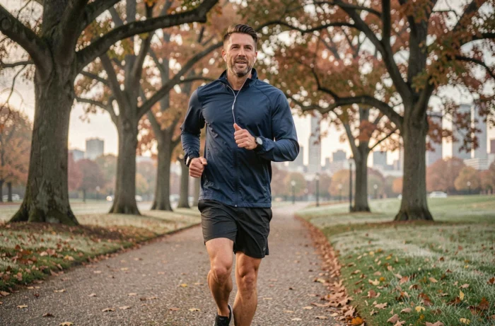 Homme qui fait du jogging dans un parc urbain en automne pour améliorer sa santé et son équilibre de vie