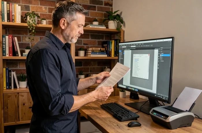 Homme comparant des logiciels de numérisation de documents dans un bureau à domicile avec scanner compact