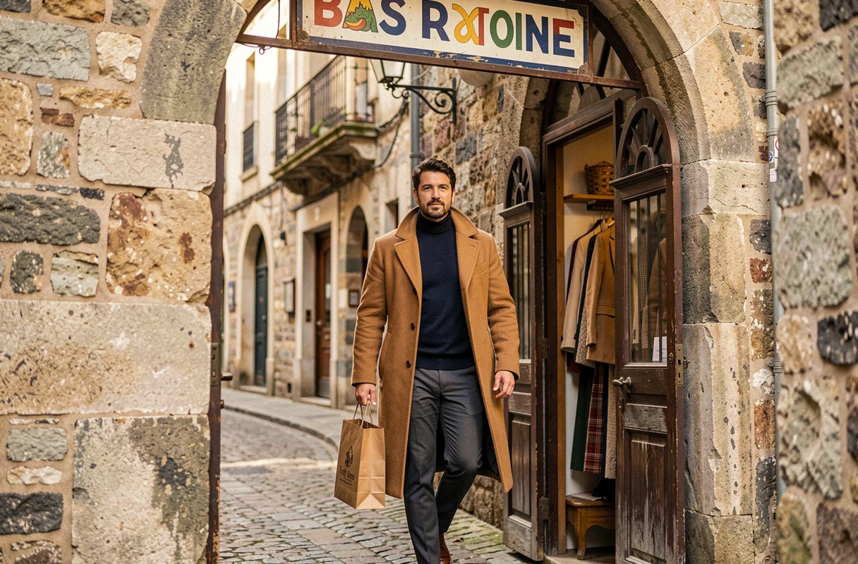 Homme portant un manteau vintage trouvé en friperie devant une boutique de la vieille ville de Bayonne