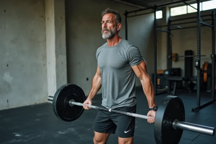 Homme musclé soulevant une barre de musculation dans une salle de sport moderne, tendances fitness et entraînement 2024