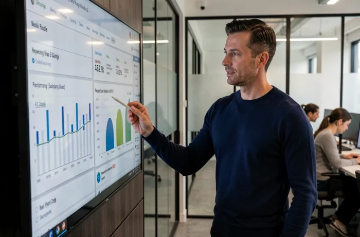 Homme d'affaires présentant des métriques de référencement et d'optimisation web sur un écran tactile dans un espace de travail collaboratif moderne