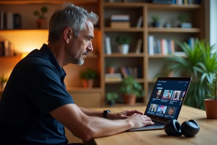 Homme utilisant un service de streaming français sur son ordinateur portable dans un bureau à domicile