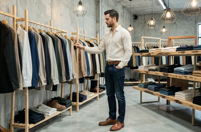 Homme en chemise lin et jean slim explorant des vêtements dans un concept store de mode contemporain