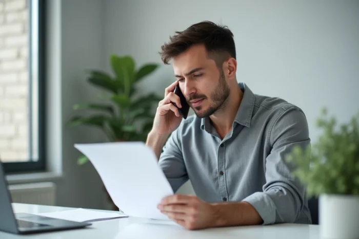 Homme consultant un document tout en téléphonant à la Sécurité sociale depuis son bureau