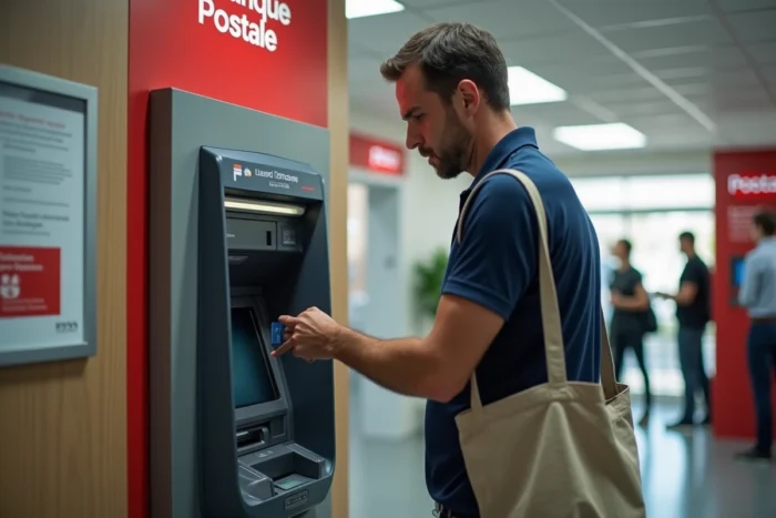 Homme vérifiant le versement de ses allocations CAF au distributeur automatique d'une agence Banque Postale