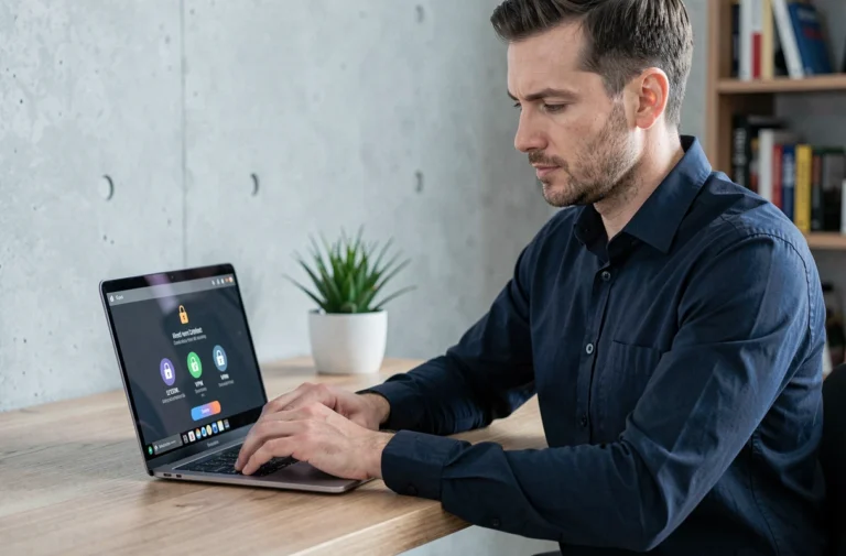 Homme utilisant un VPN avec chiffrement de bout en bout sur son ordinateur portable dans un bureau à domicile moderne