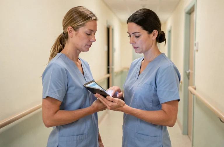 Infirmière en EHPAD consultant le logiciel Netsoins sur une tablette numérique dans un couloir de maison de retraite médicalisée