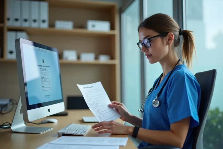 Infirmière en EHPAD consultant des documents de données personnelles sur un poste de travail sécurisé, illustrant la conformité RGPD en établissement de soins