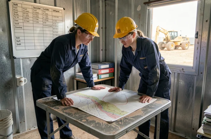 Deux ingénieures minières étudiant une carte géologique dans un bureau de chantier en Queensland, Australie