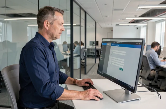 Homme en chemise professionnelle créant un compte numérique sur un grand écran dans un open-space d'entreprise