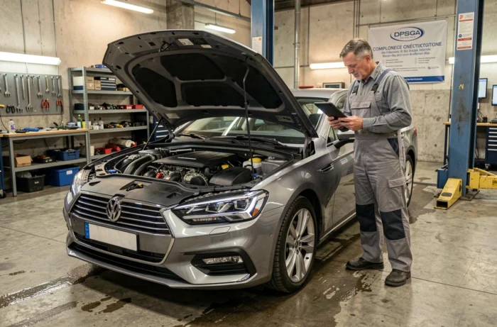 Mécanicien inspectant le moteur d'une voiture importée de Norvège dans un garage de contrôle technique