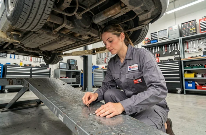 Technicienne automobile inspectant une voiture d'occasion sur un pont élévateur dans un garage professionnel en Suisse