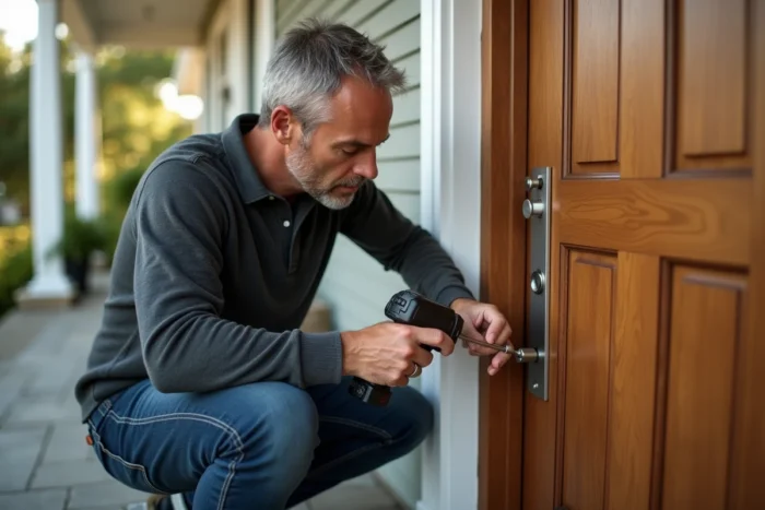 Homme installant une serrure connectée sécurisée sur une porte d'entrée en chêne massif
