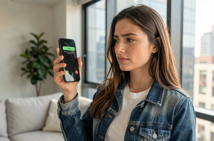 Jeune femme regardant un appel entrant d'un numéro inconnu sur son téléphone
