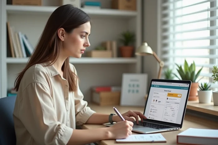 Jeune femme vérifiant la date de versement des allocations CAF sur le compte en ligne Banque Postale depuis son bureau à domicile