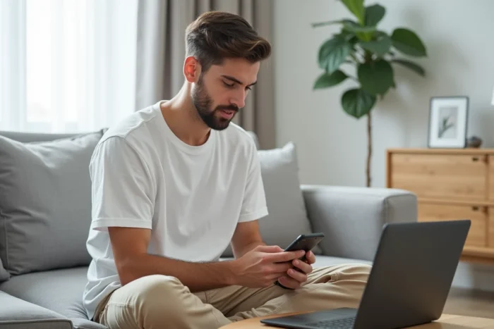 Jeune homme rechargeant son forfait Réglo Mobile en ligne depuis un ordinateur et un smartphone