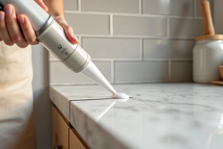 Pose de joint en silicone blanc pour combler l'espace entre le plan de travail et le carrelage mural dans une cuisine moderne