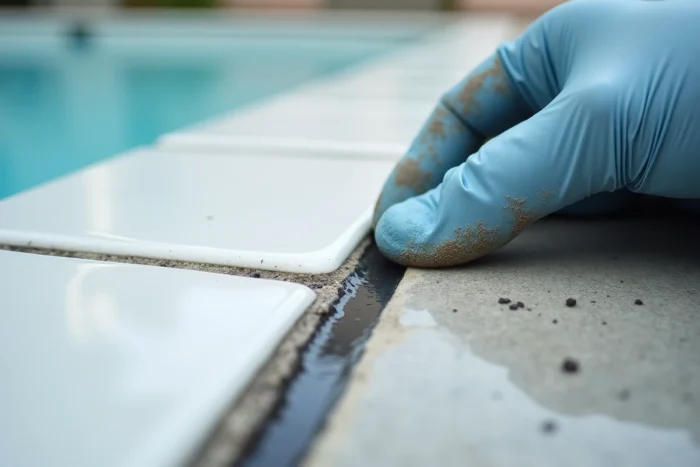 Gros plan sur le lissage d'un joint époxy frais entre le carrelage et le margelle d'une piscine