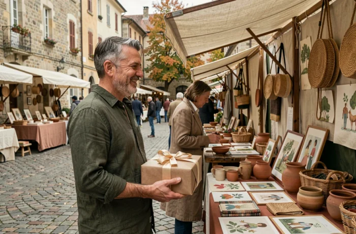 Homme tenant un cadeau emballé dans un marché artisanal en plein air avec des créations originales exposées