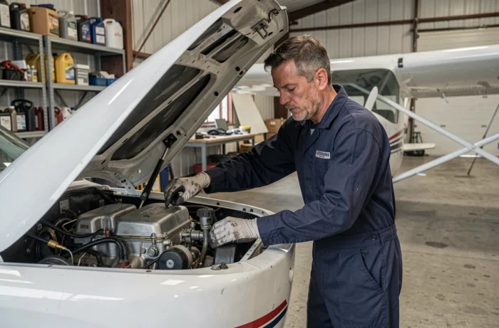 Mécanicien aéronautique inspectant le moteur d'un Cessna 172B dans un hangar d'aviation générale